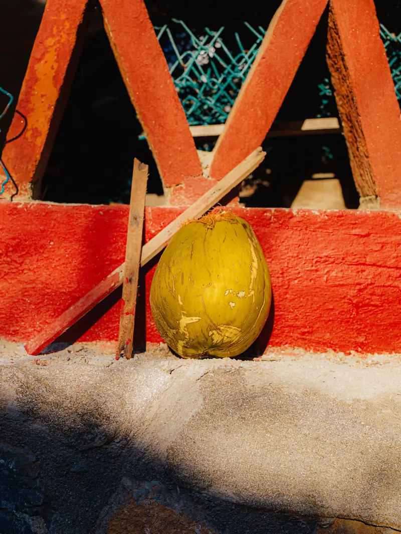 Yellow fruit against a red painted wooden frame, strong shadows