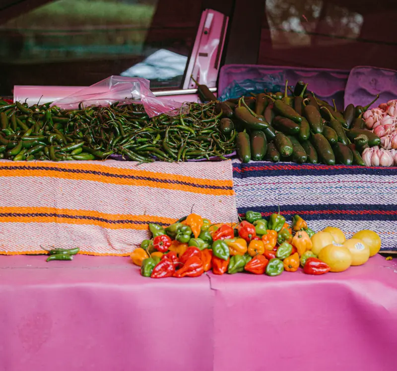 Chilies and peppers laid out on a striped cloth